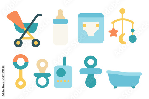 Modern baby items collection featuring stroller, bottle, diaper, and toys ideal for nursery design and parenting essentials