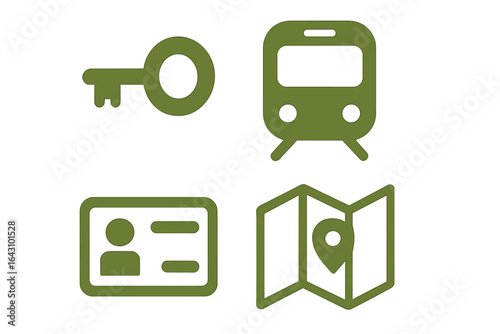 Illustrations of travel symbols including a key, train, identification card, and map with location marker