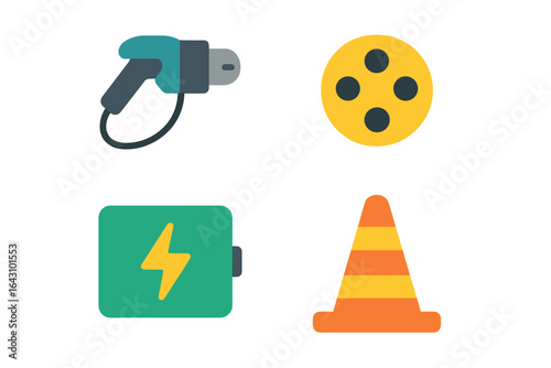 Colorful icons representing various tools and materials used in construction and maintenance activities at a work site