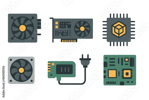 Various computer components including fans, graphics card, and motherboard in a flat design