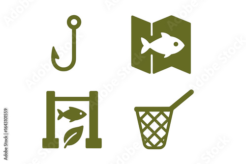 Fishing tools and symbols displayed in a minimalistic design on an olive green backdrop for enthusiasts and hobbyists