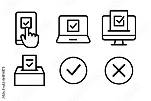 Digital voting and election process illustrated through simple icons representing various devices and actions