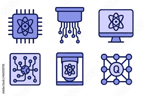 Icons representing quantum computing technologies and concepts displayed on a digital background with blue tones