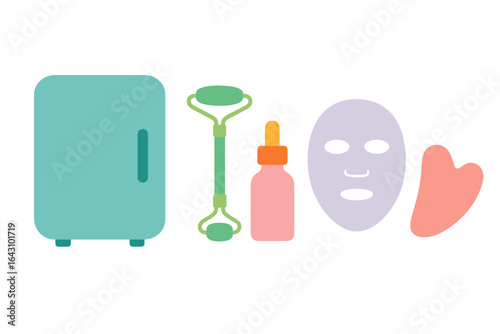 Beauty essentials displayed alongside a mini refrigerator for skincare products