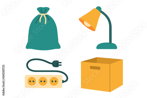 Home organization supplies including a lamp, extension cord, storage box, and bag for tidying up living spaces