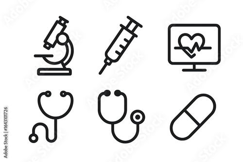 Medical equipment icons representing healthcare tools and diagnostics for education and professional use