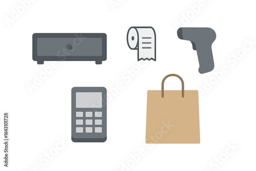 Retail checkout equipment including a scanner, cash drawer, receipt roll, calculator, and shopping bag on a plain background