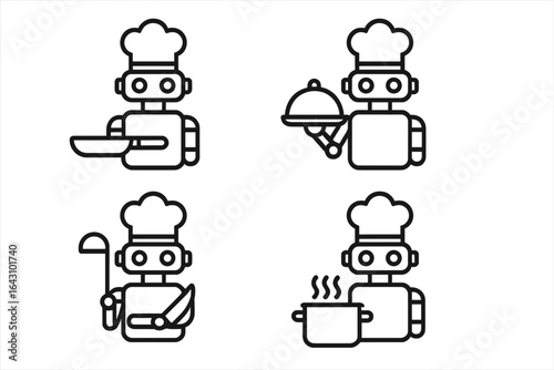Robot chefs engaged in various culinary tasks in a modern kitchen setting for a food-related project