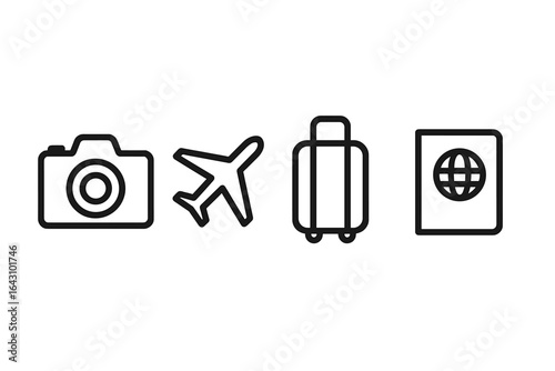 Travel essentials for every adventure including camera, airplane, suitcase, and passport