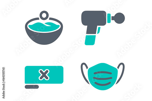 Health and safety symbols indicating personal protective equipment and sanitation measures for a safe environment