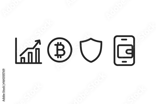 Trends in cryptocurrency with symbols representing growth, Bitcoin, security, and mobile wallet technology