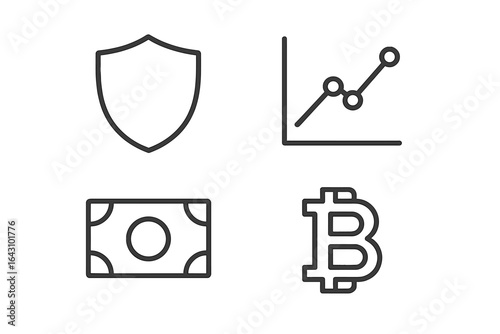 Financial concepts represented through icons including security, currency, and cryptocurrency trends