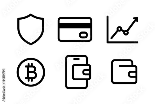 Icons representing financial concepts like security, cryptocurrency, and payment methods in a modern digital context