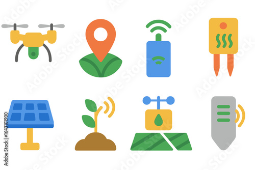 Technology icons representing modern agricultural practices including drones, sensors, and solar energy solutions