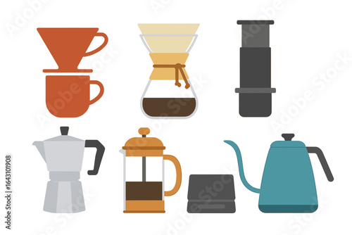 Various coffee brewing equipment displayed in an artistic arrangement for coffee enthusiasts