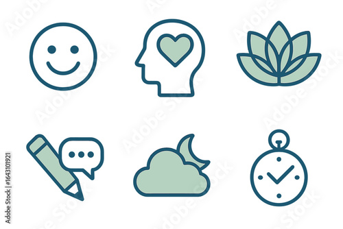 Icons representing mental well-being, mindfulness, and time management in a modern design