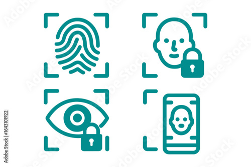 Security features showcasing biometric authentication methods including fingerprint, facial recognition, and iris scanning