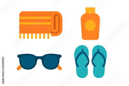 Summer beach essentials including a towel, sunscreen, sunglasses, and flip-flops ready for sunbathing and relaxation