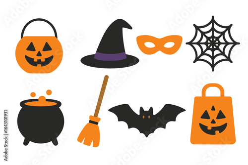Halloween decorations featuring spooky motifs including pumpkins, witches' hats, and bats in various colors and designs