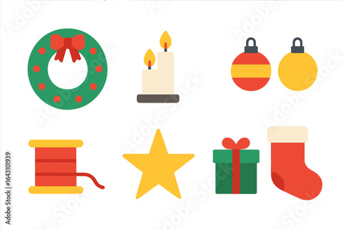Colorful Christmas decorations featuring a wreath, candles, ornaments, ribbon, star, gift, and stocking displayed on a white background