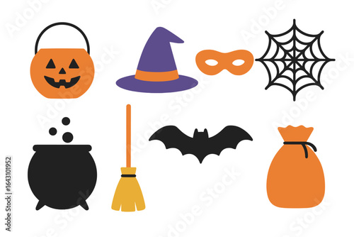Halloween themed decorations featuring a pumpkin, witch hat, bat, and other spooky elements for festive celebration