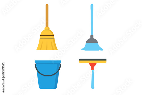 Colorful cleaning tools arranged for efficient housework in a tidy environment during daytime