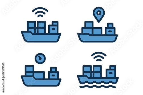 Shipping containers on a cargo ship with communication symbols for tracking, location, and time management