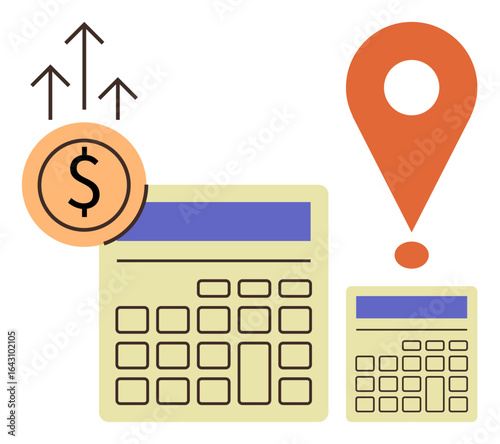 Dollar coin with upward growth arrows next to two calculators and a location marker. Ideal for finance, accounting, investment, business planning, strategy, economic growth, navigation. Simple flat
