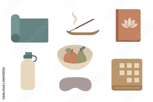 Relaxation essentials for a mindful practice at home with yoga mat, incense, fruits, and a journal