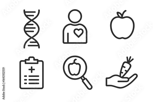 Health and wellness symbols depicting nutrition, genetics, and personal health practices