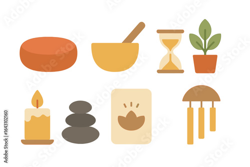 Decorative elements for relaxation and meditation in a calming environment featuring various soothing items