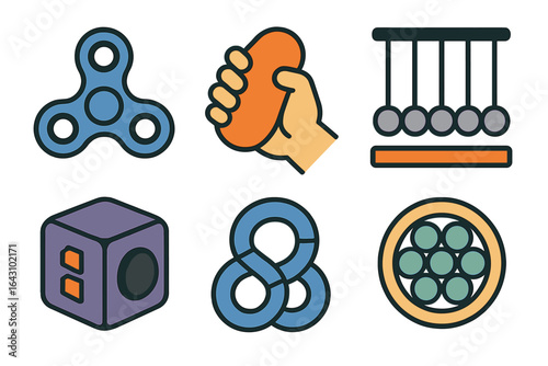 Variety of colorful fidget toys and stress relief items displayed visually together on a white background