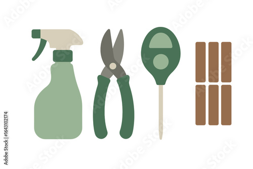Gardening tools and supplies arranged on a clean surface for planting tasks and home landscaping activities