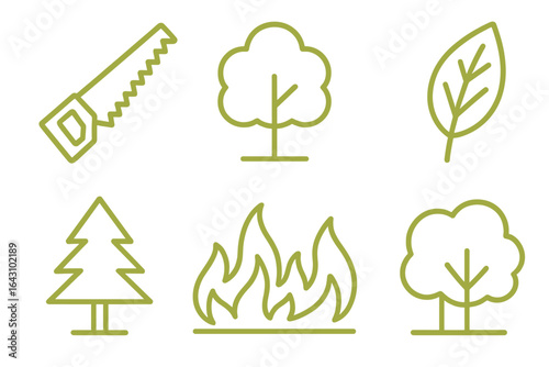 Illustration of forest elements with tree trimming tools and fire symbols representing environmental themes