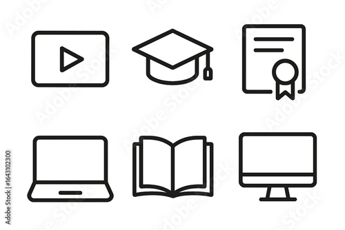 Online learning symbols representing education, technology, and certification in a minimalist style
