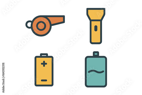 Essential sports equipment for training and outdoor activities including whistle, flashlight, batteries, and water bottle