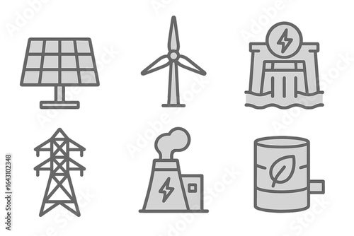 Energy sources and infrastructure are illustrated with icons showing solar, wind, hydro, and fossil fuel technologies