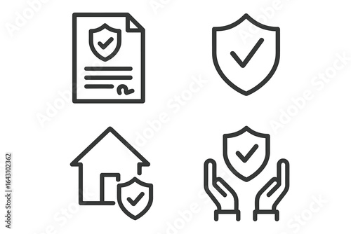 Illustration of insurance concepts including policy document, home protection, and security icons