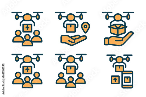 Delivery and logistics concepts illustrated with drone icons and package handling