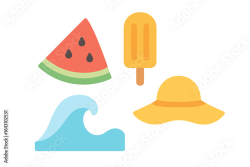 Summer fun with watermelon, popsicle, sun hat, and ocean waves at the beach during a sunny day