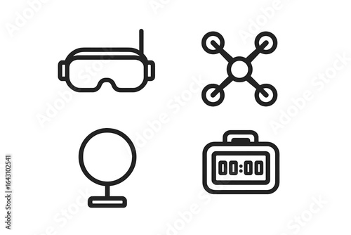 Unique illustration of technology elements including VR headset, drone, globe, and timer displayed together