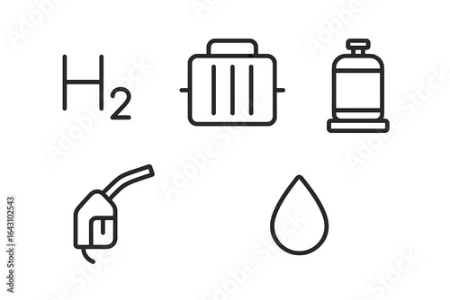 Various fuel types represented by symbols including hydrogen, gas canister, fuel nozzle, and droplet