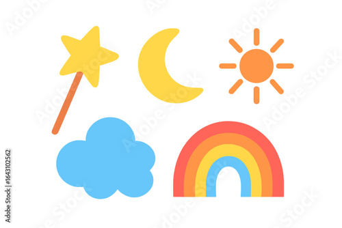 Colorful illustrations of whimsical weather and magical elements on a white background in a playful design style