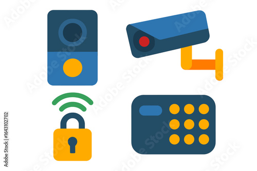 Security system elements including a camera, intercom, lock, and keypad in a modern design