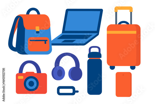 Travel essentials for modern explorers featuring a laptop, camera, and accessories in vibrant colors