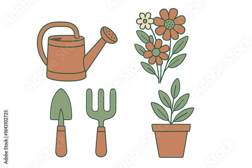 Gardening tools and plants illustrated for nature enthusiasts in a vibrant design