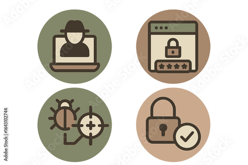 Cybersecurity icons representing online safety measures in a minimalistic design