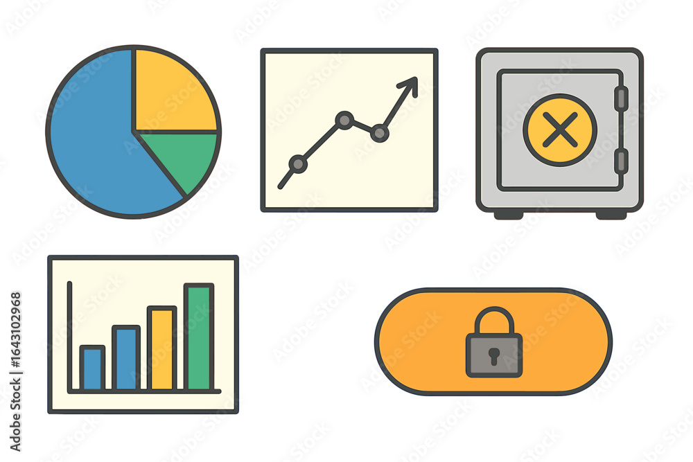Fototapeta premium Graphs and charts depicting data analysis and security concepts with visual symbols in a modern flat design