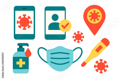 Covid-19 prevention essentials including masks, sanitizer, and vaccination information