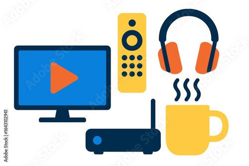 Colorful illustration of home entertainment setup with computer, headphones, remote control, and steaming mug
